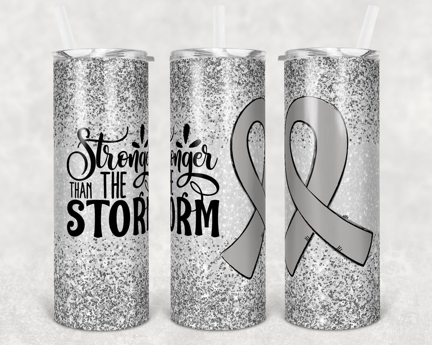 20 oz Skinny Tumbler Sublimation Glitter Gray Silver Cancer Awareness Straight and Warped Design