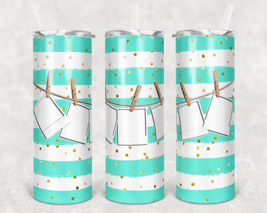 20 oz Skinny Tumbler Frame Polaroid on Line Aqua Teal Stripe Gold Glitter Sublimation Design