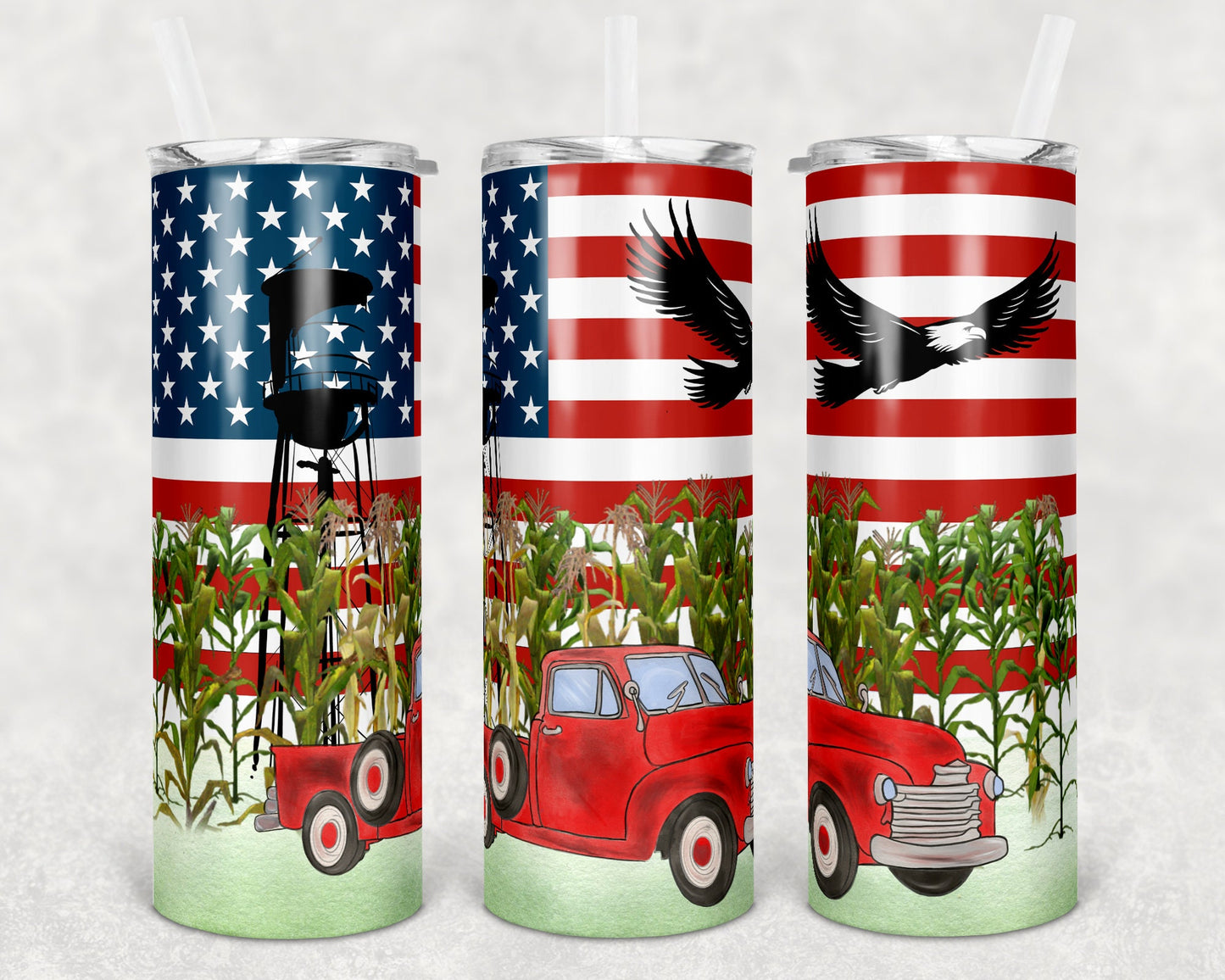 20 oz Skinny Tumbler Sublimation Design Template American Farmer Flag Red Truck Corn Fields Farm