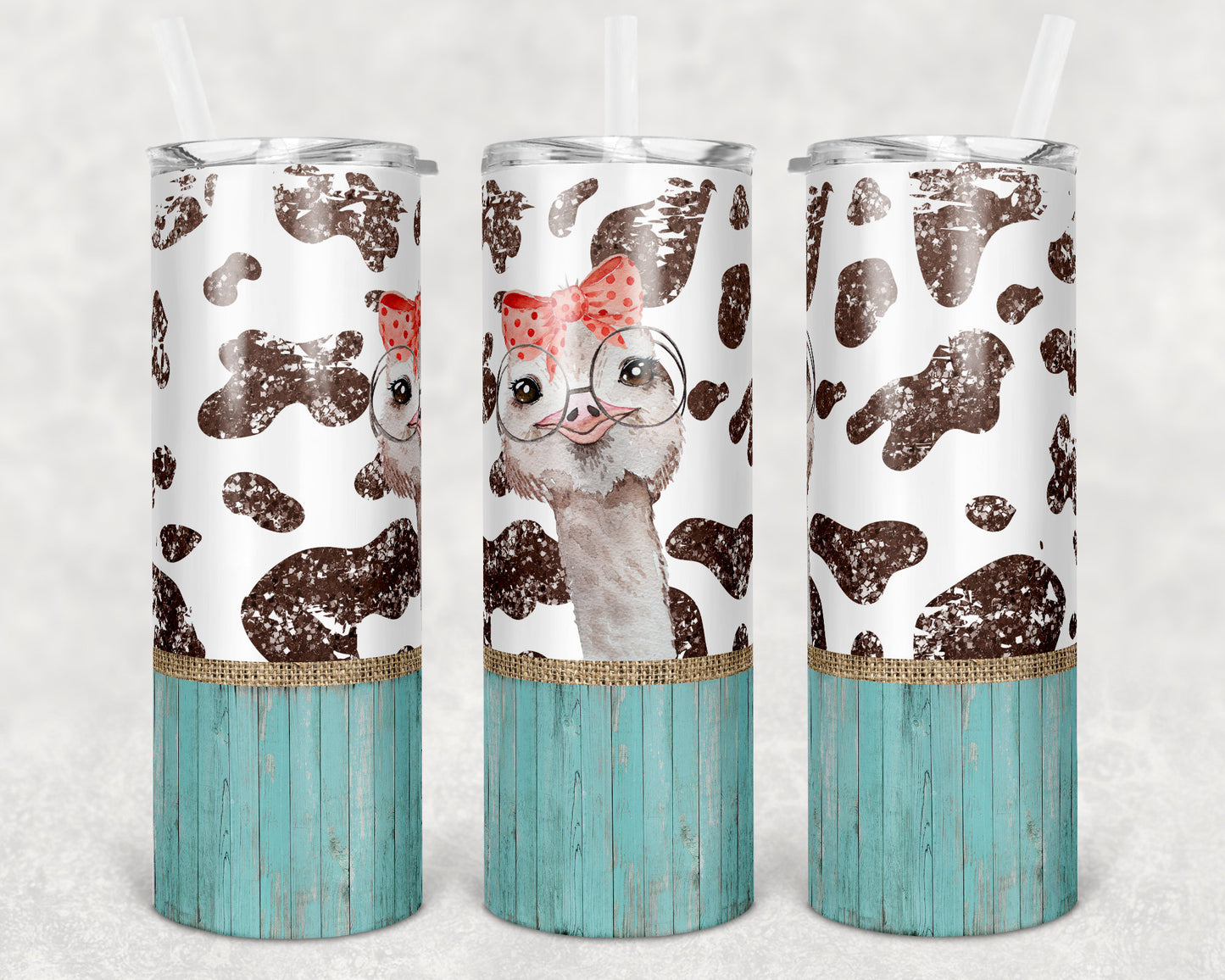 20 oz Skinny Tumbler Sublimation Cow Print Farm Animals Ostrich Burlap Glitter Design