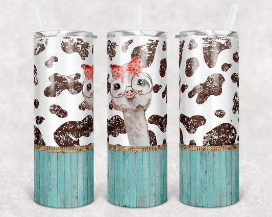 20 oz Skinny Tumbler Sublimation Cow Print Farm Animals Ostrich Burlap Glitter Design