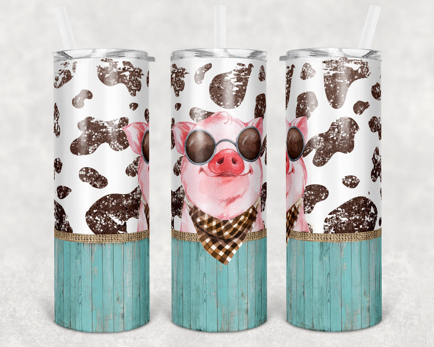 20 oz Skinny Tumbler Sublimation Cow Print Farm Animals Pig Burlap Glitter Design