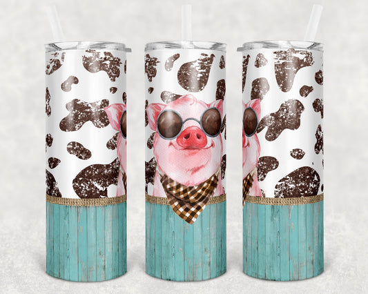 20 oz Skinny Tumbler Sublimation Cow Print Farm Animals Pig Burlap Glitter Design
