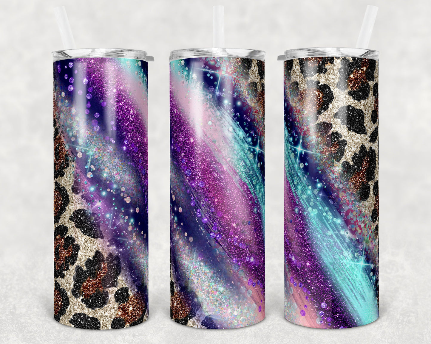 20 oz Skinny Tumbler Sublimation Template stripe Leopard Milky Way Glitter Aqua Pink Purple Straight and Warped Design