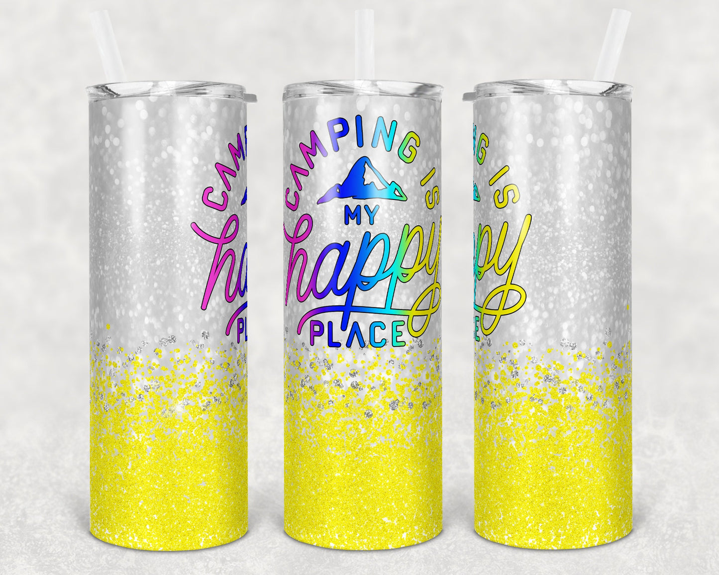 20 oz Skinny Tumbler Sublimation Design Template Ombre Yellow Bright Camping is my Happy Place Glitter