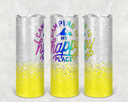 20 oz Skinny Tumbler Sublimation Design Template Ombre Yellow Bright Camping is my Happy Place Glitter