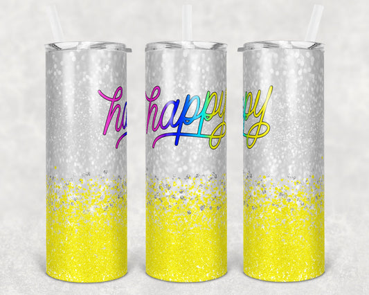 20 oz Skinny Tumbler Sublimation Design Template Happy Ombre Yellow Bright Glitter Confetti
