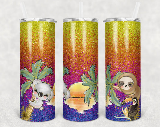 20 oz Skinny Tumbler Sublimation Design Template Glitter Ombre Sloth Koala Tropical Straight and Warped