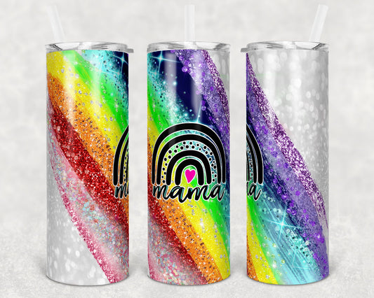 20 oz Skinny Tumbler Sublimation Template Raibow Glitter Milky Way Glitter Rainbow Baby Mama pregnancy Straight Warped Design