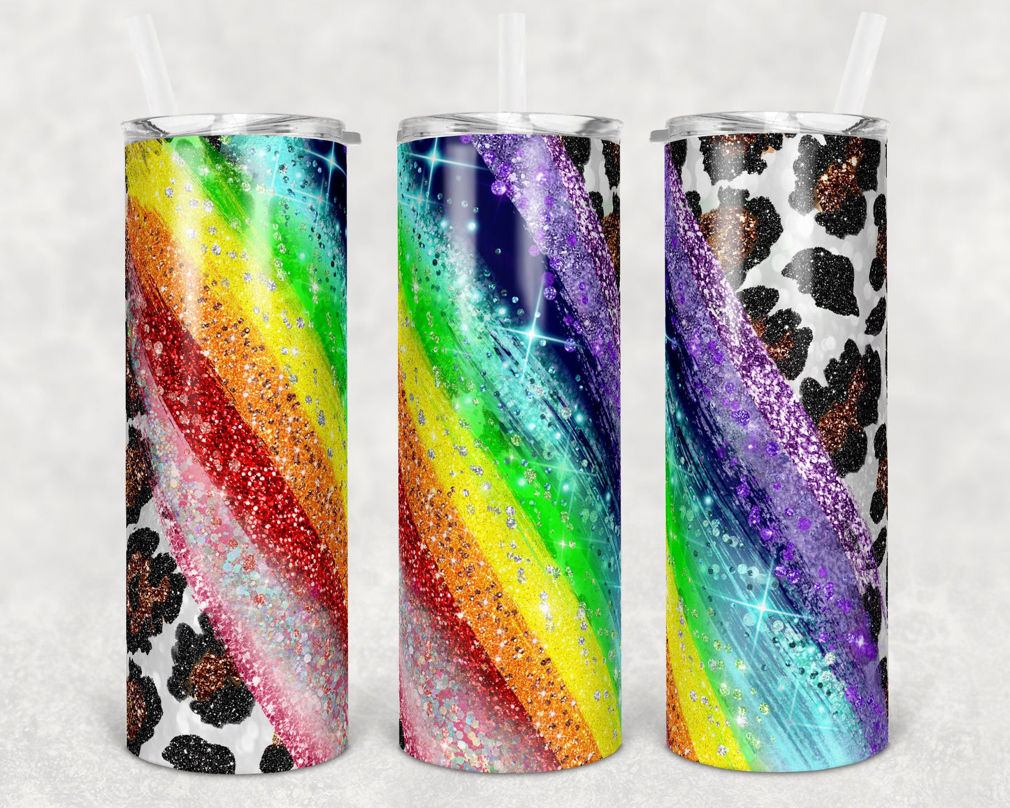 20 oz Skinny Tumbler Sublimation Template Raibow Glitter Milky Way Glitter Leopard Straight and Warped Design