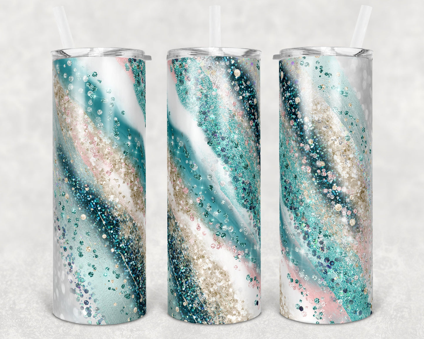 20 oz Skinny Tumbler Sublimation Template Agate Milky Way Teal Beach Ocean Straight and Warped Design