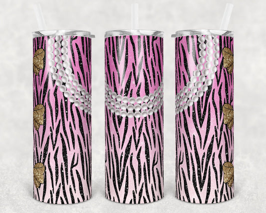 20 oz Skinny Tumbler Sublimation Design Template Glitter Ombre Pink Zebra Pearls and Bows Straight Warped Design