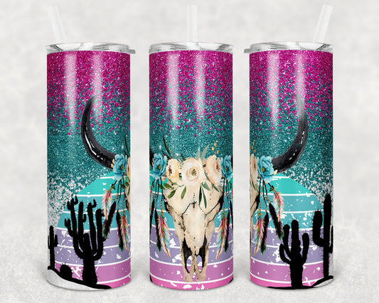20 oz Skinny Tumbler Sublimation Design Template Glitter Ombre Desert Cow Skull teal pink Cactus Sunset Straight Warped
