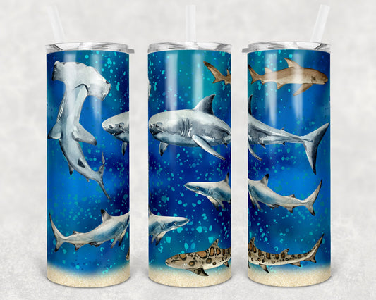 20 oz Skinny Tumbler Ocean Under the Sea Shark Tumbler Great White Sublimation Design