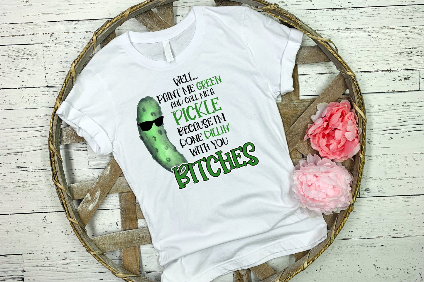20 oz Skinny Tumbler Sublimation Design Glitter Confetti Green Pickle Dillin with Bitches Straight and Warped Design