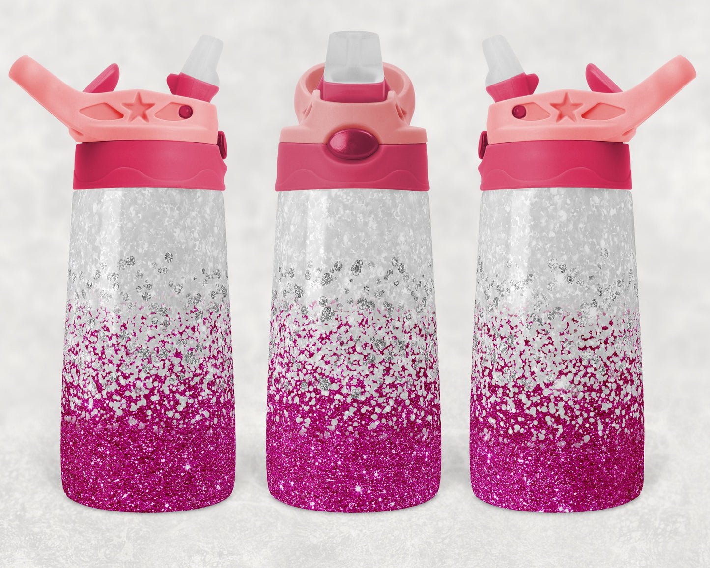 Kids colored flip top water bottles Sublimation Design Template Glitter Confetti Pink