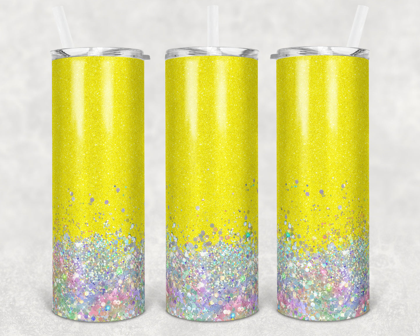 20 oz Skinny Tumbler Sublimation Design Template Glitter Bright Yellow Holographic White Straight and Warped Design