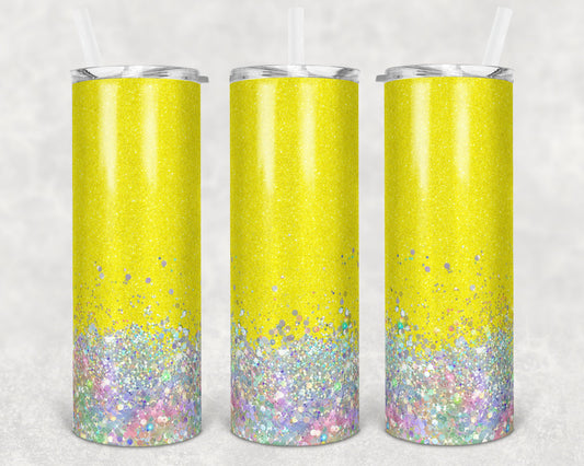 20 oz Skinny Tumbler Sublimation Design Template Glitter Bright Yellow Holographic White Straight and Warped Design