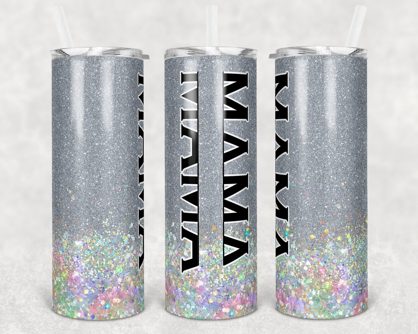 20 oz Skinny Tumbler Sublimation Design Glitter Silver Split Mama Hollographic add names Straight Warped Design