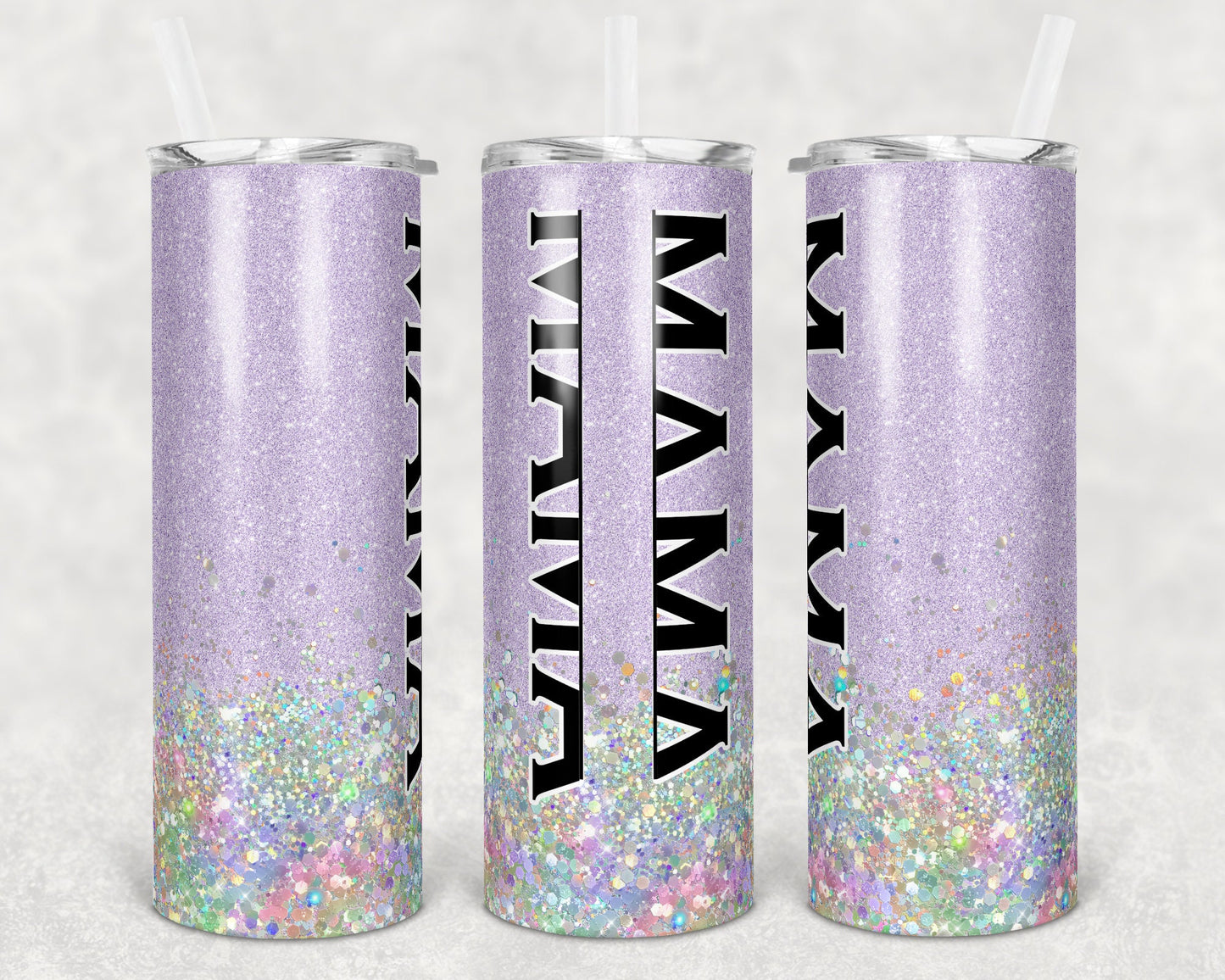 20 oz Skinny Tumbler Sublimation Design Glitter Lavender Split Mama Hollographic add names Straight Warped Design