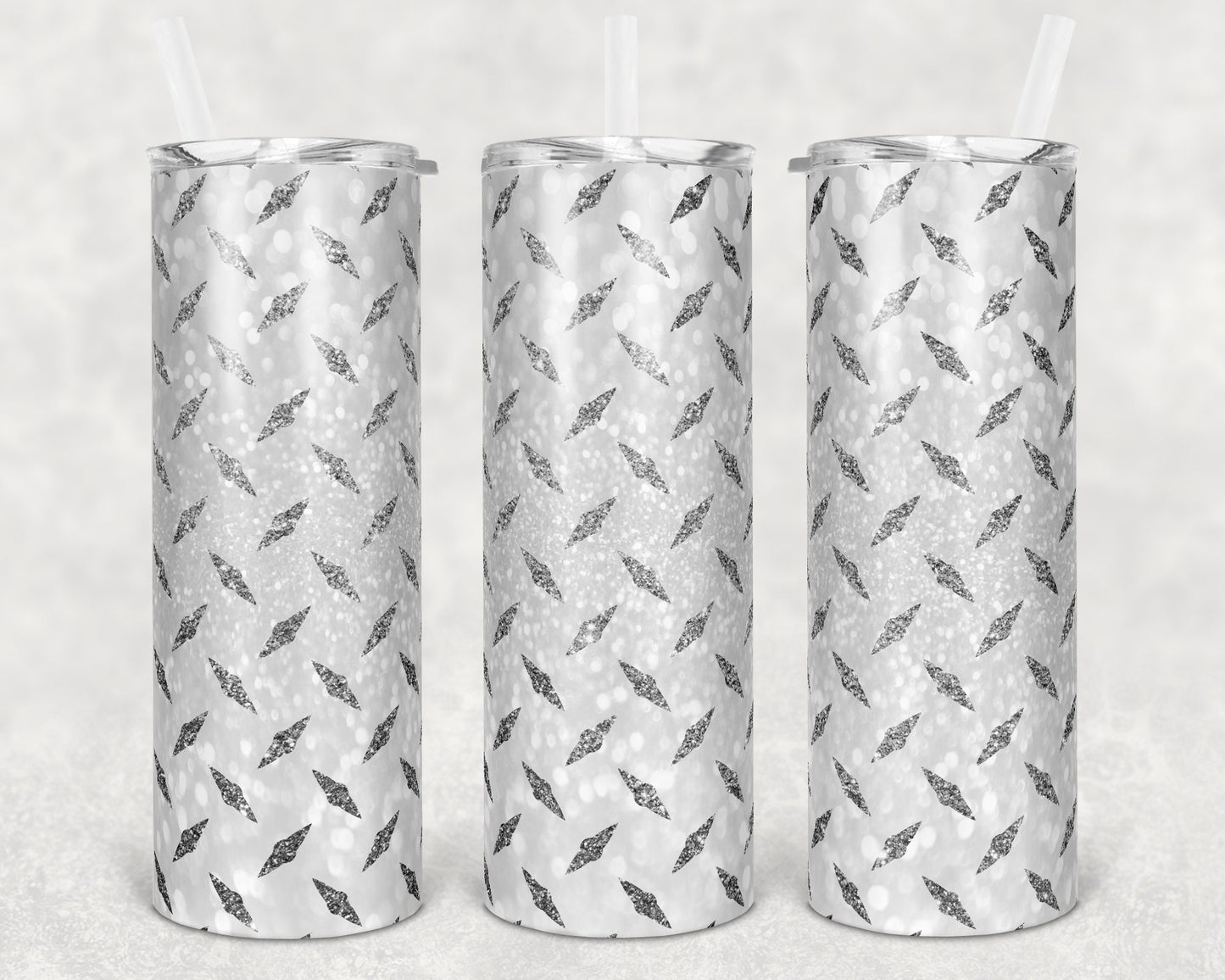 20 oz Skinny Tumbler Sublimation Design Template Glitter Diamond Plate White Silver Straight and Warped Design