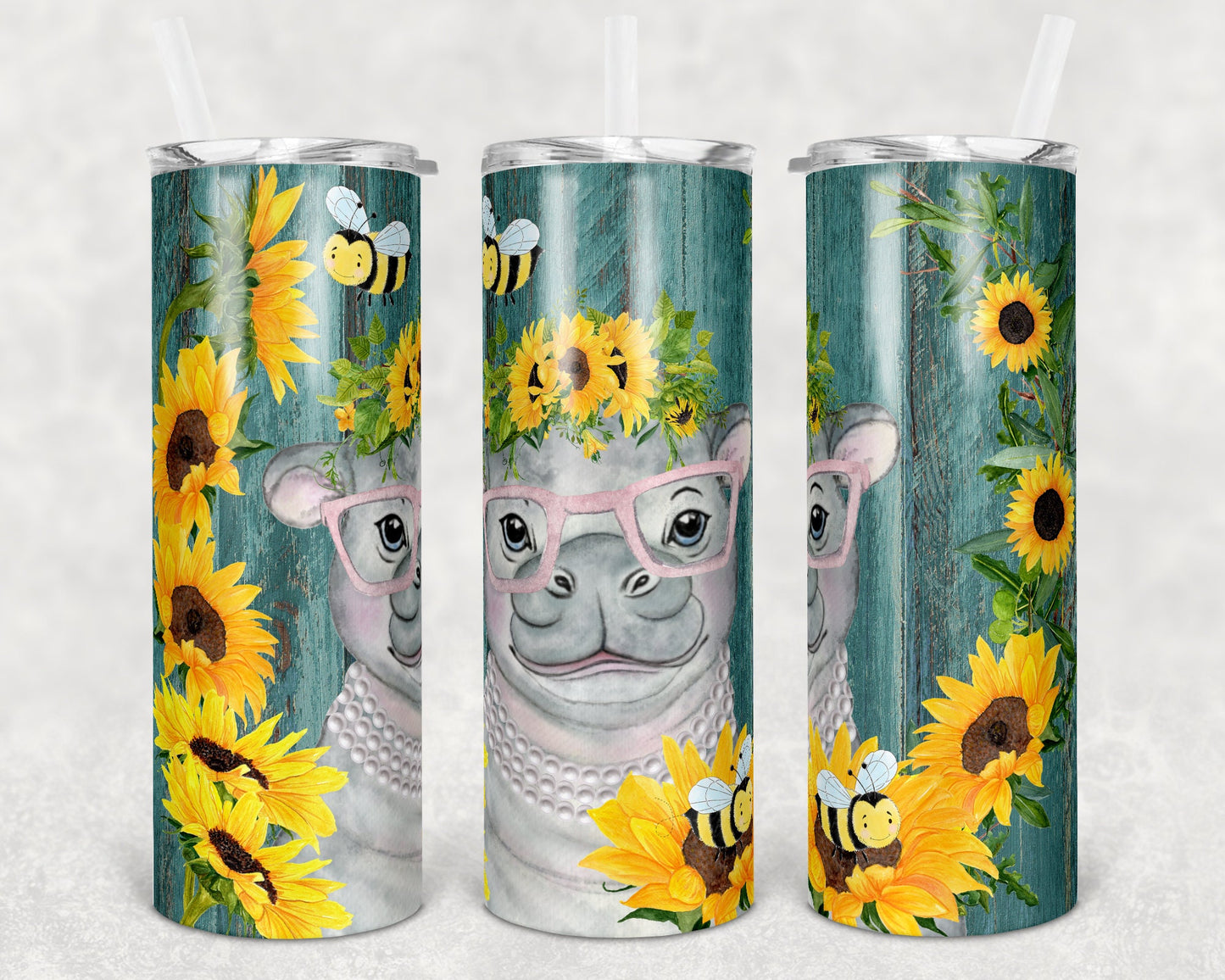 20 oz Skinny Tumbler Teal Wood Sunflower Hippo and Bees Sublimation Design Print Transfer