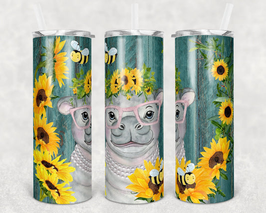 20 oz Skinny Tumbler Teal Wood Sunflower Hippo and Bees Sublimation Design Print Transfer