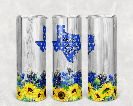 20 oz Skinny Tumbler Floral Blue Bonnet and Yellow Sunflower Faux Wood Texas Sublimation Design