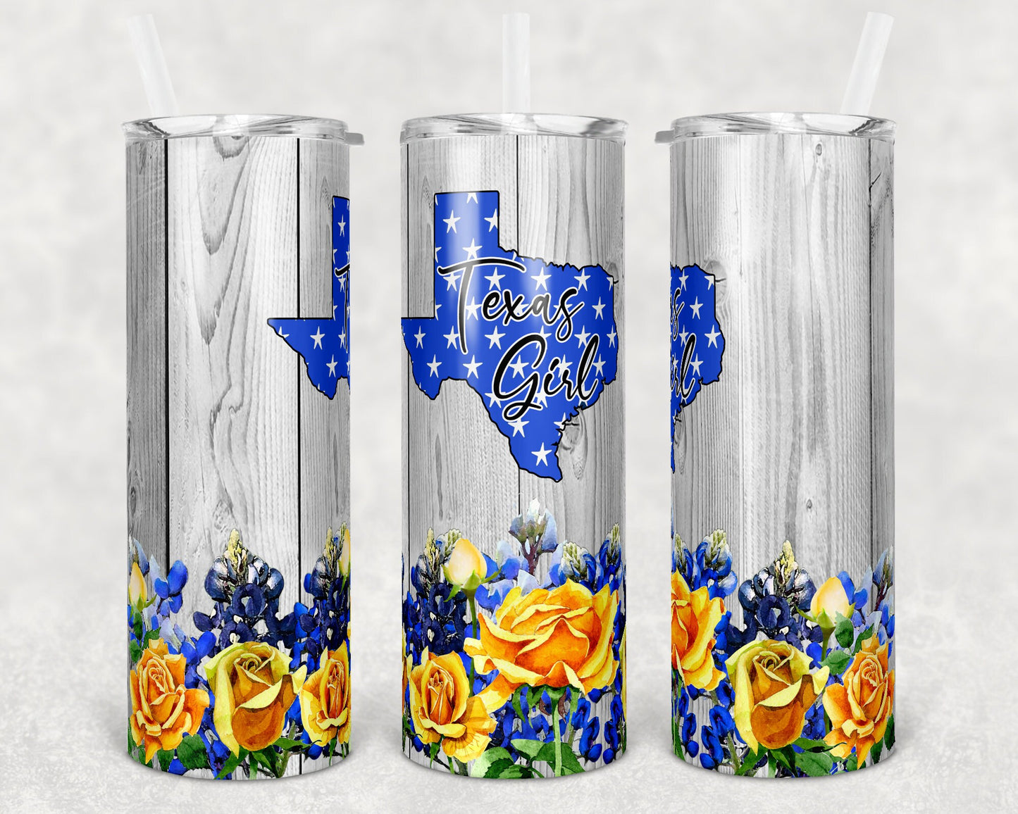 20 oz Skinny Tumbler Floral Blue Bonnet and Yellow Rose Faux Wood Texas Sublimation Design