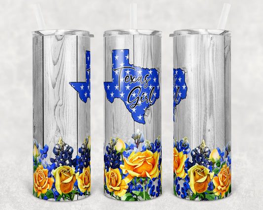 20 oz Skinny Tumbler Floral Blue Bonnet and Yellow Rose Faux Wood Texas Sublimation Design