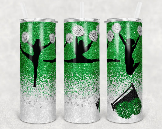20 oz Skinny Tumbler Cheer Green White Glitter Sublimation Design Print Transfer