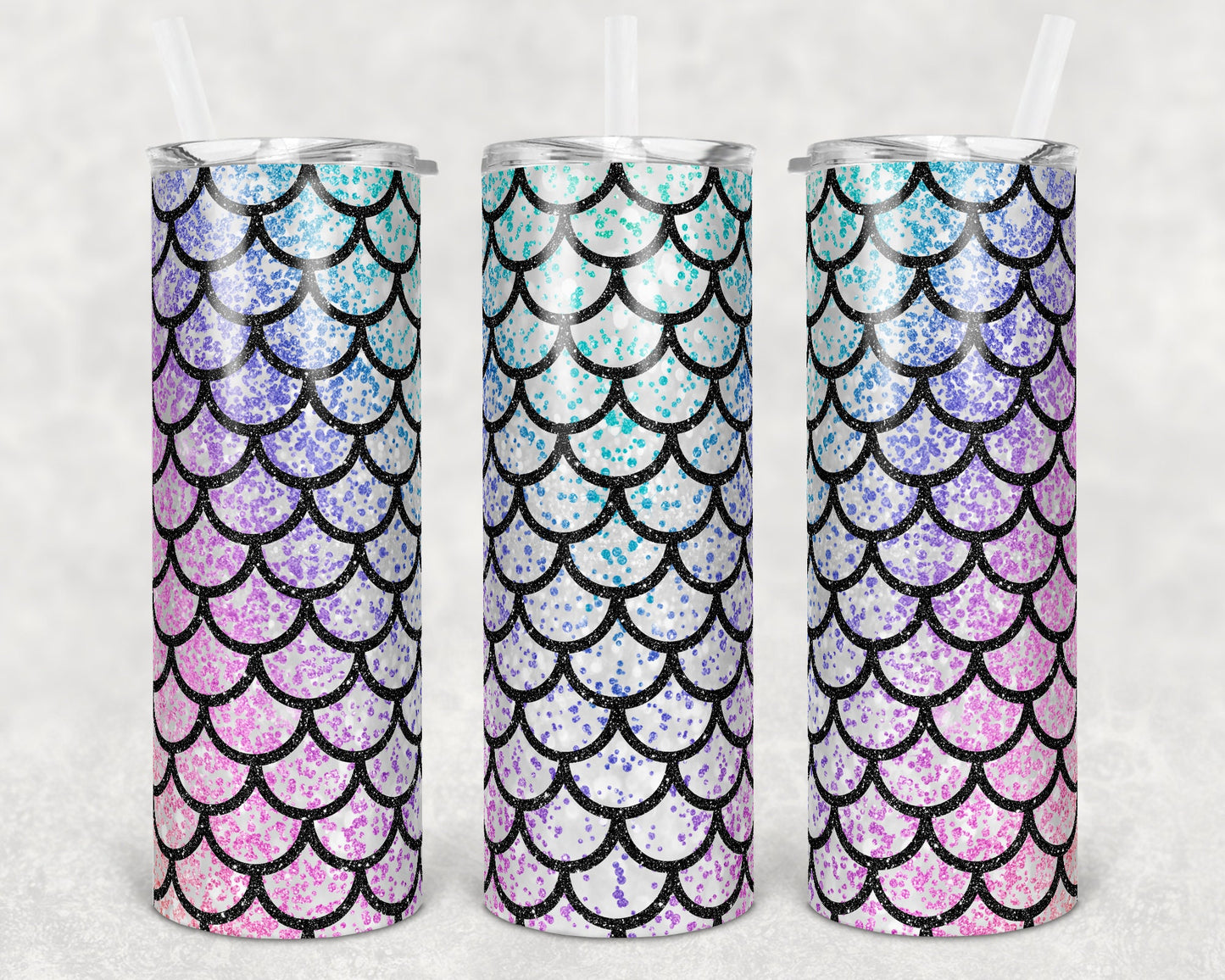 20 oz Skinny Tumbler Sublimation Design Template Glitter Mermaid Scale Pastel