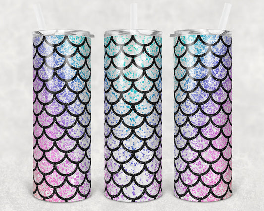 20 oz Skinny Tumbler Sublimation Design Template Glitter Mermaid Scale Pastel