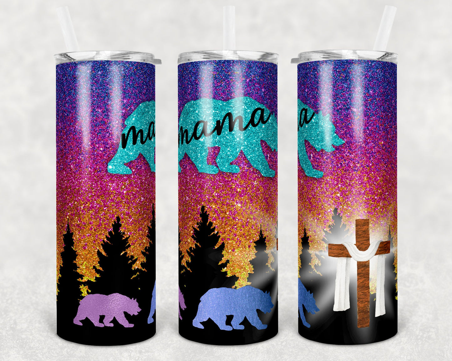 20 oz Skinny Tumbler Sublimation Design Template Mama Bear Christian Glitter Mothers Day