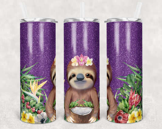 20 oz Skinny Tumbler Sublimation Design Template Glitter Purple Sloth slothy need coffee Straight Warped