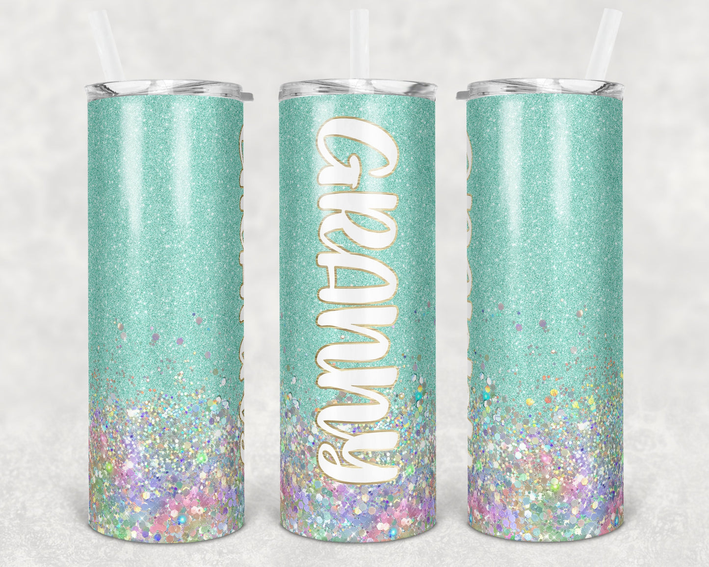 20 oz Skinny Tumbler Sublimation Design Glitter Granny Mint Holorahpic Glitter Straight and Warped Design tumblers