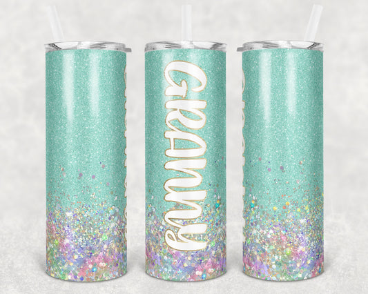 20 oz Skinny Tumbler Sublimation Design Glitter Granny Mint Holorahpic Glitter Straight and Warped Design tumblers