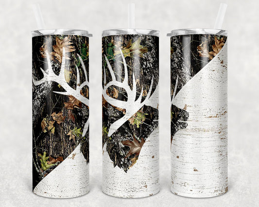 20 oz Skinny Tumbler Camp Elk Camo and Wood Sublimation Design Print Transfer