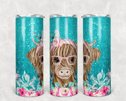 20 oz Skinny Tumbler Sublimation Design Template Cute Teal Glitter Highland Cow Straight and Warped