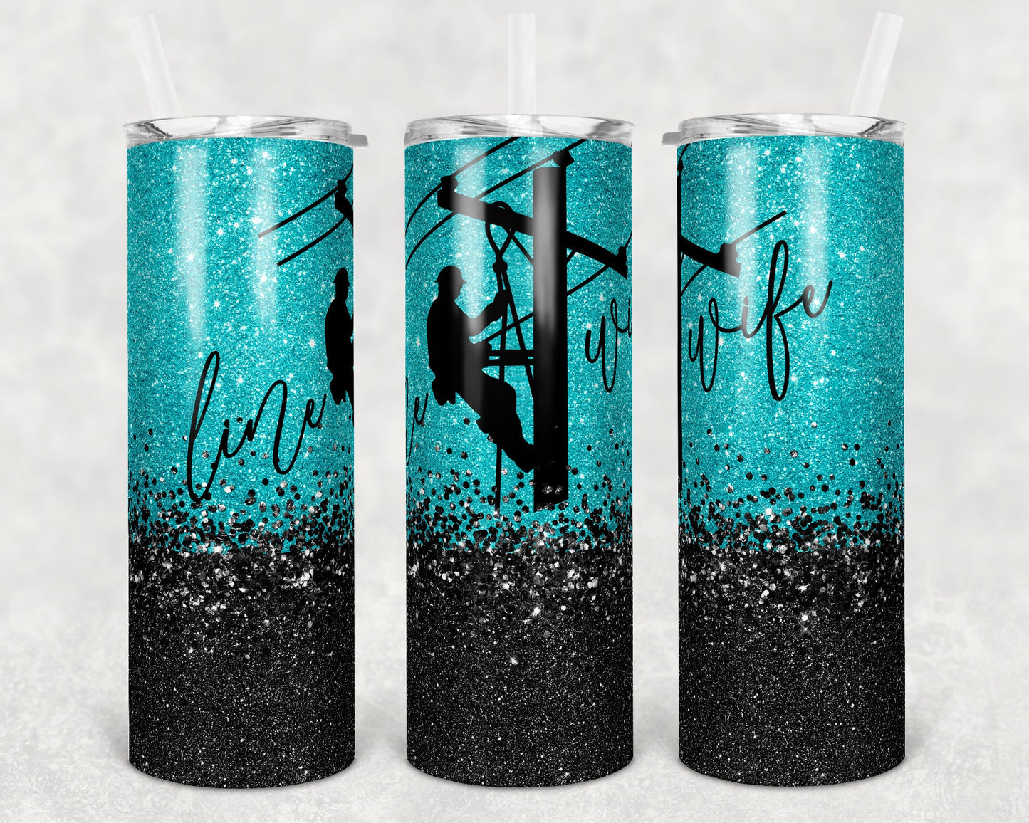 20 oz Skinny Tumbler Sublimation Design Template Teal Glitter Line Wife Lineman Design