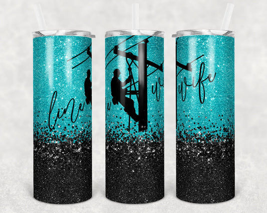 20 oz Skinny Tumbler Sublimation Design Template Teal Glitter Line Wife Lineman Design