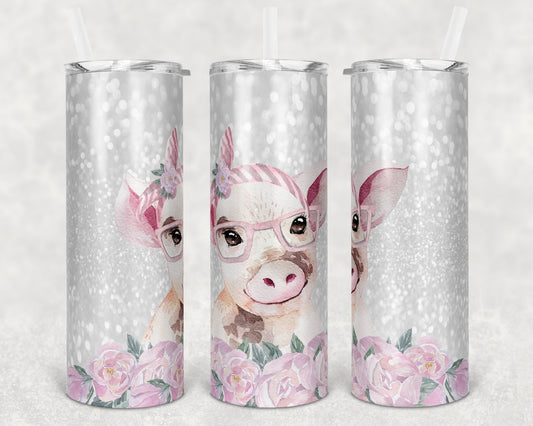 20 oz Skinny Tumbler Sublimation Design Template White Glitter Pig Straight and Warped