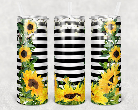 20 oz Skinny Tumbler Striped Sunflower Lights Rustic Sublimation Design Print Transfer