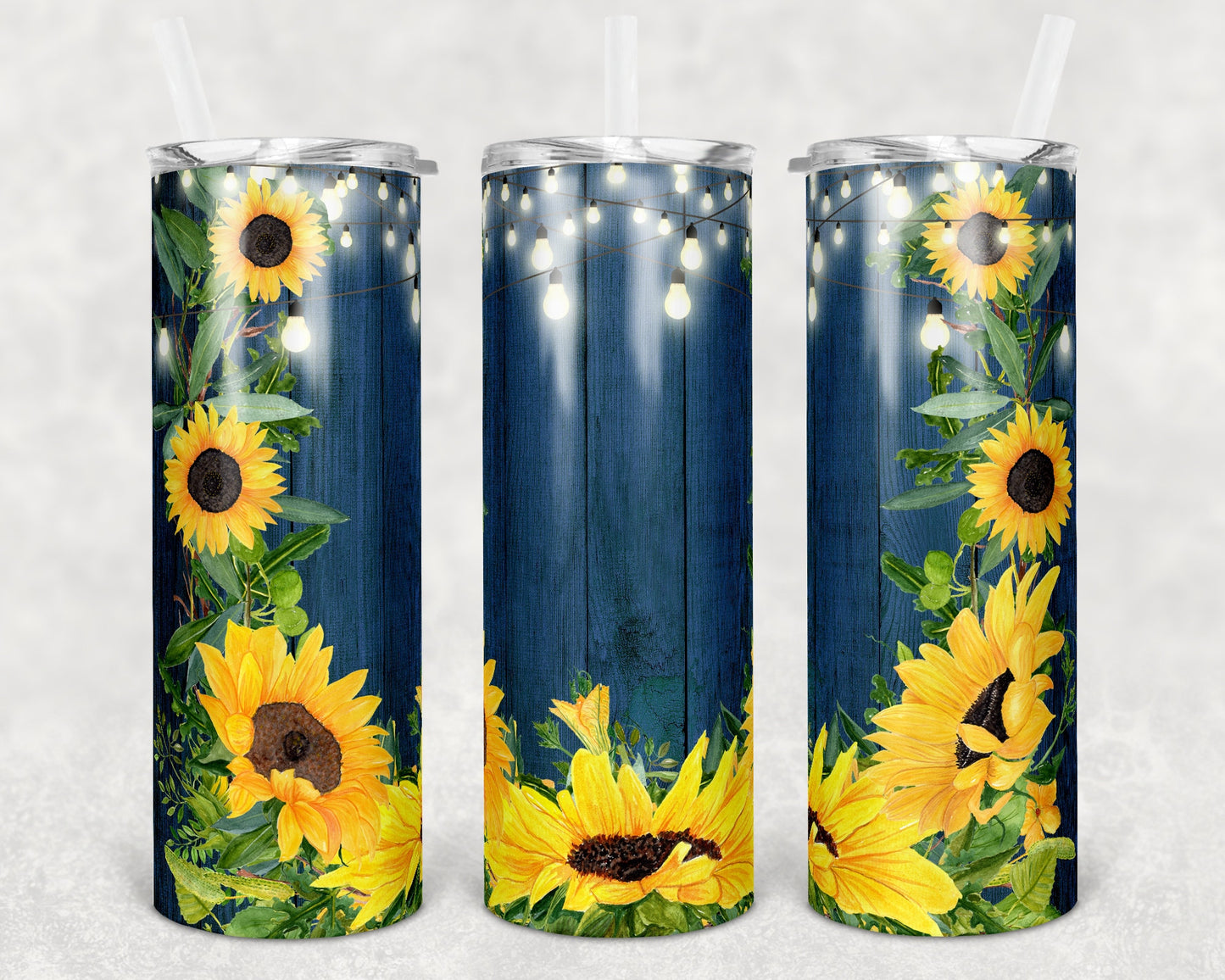 20 oz Skinny Tumbler Navy Wood Sunflower Lights Rustic Sublimation Design Print Transfer