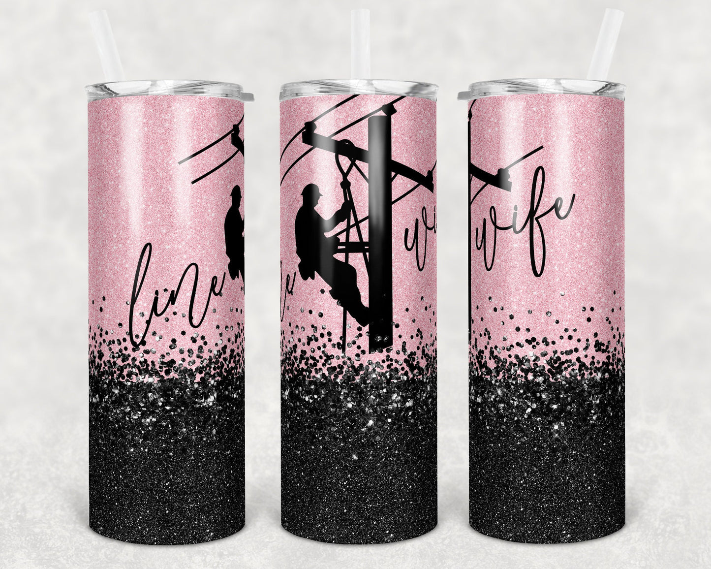 20 oz Skinny Tumbler Sublimation Design Template Pink Glitter Line Wife Lineman Design