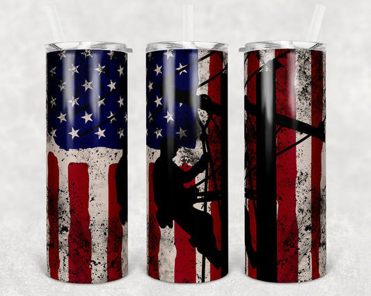 20 oz Skinny Tumbler Sublimation Design Template Grunge Flag Distressed Lineman Design