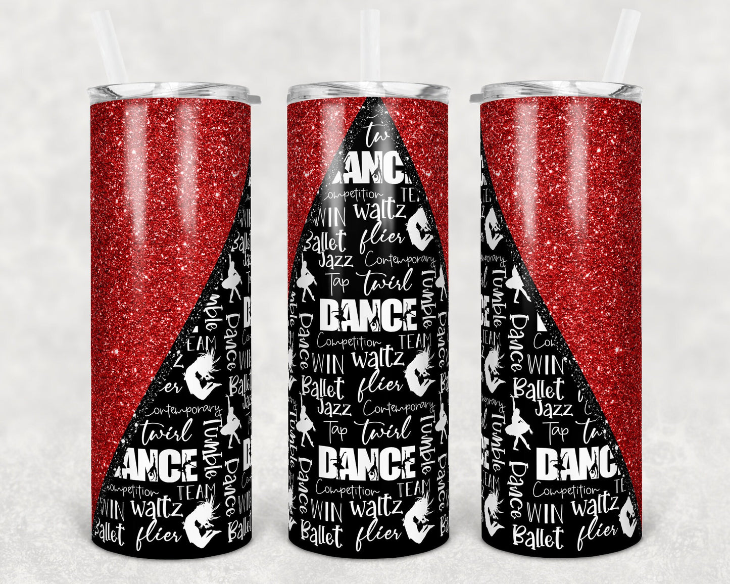 20 oz Skinny Tumbler Red Glitter Dance Dancing Sublimation Design Print Transfer Personalize