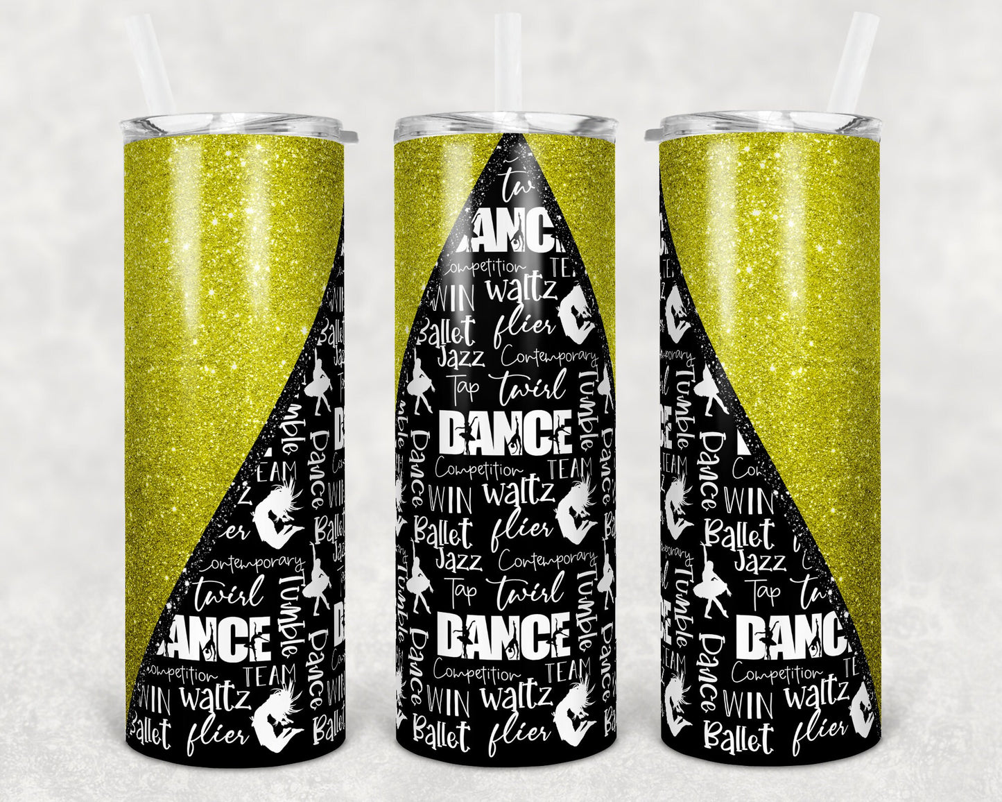 20 oz Skinny Tumbler yellow Glitter Dance Dancing Sublimation Design Personalize