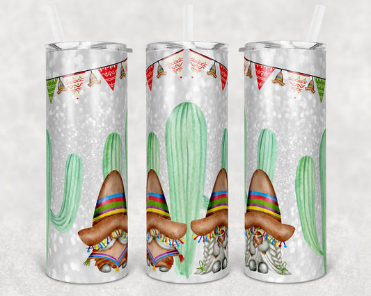 20 oz Skinny Tumbler Sublimation Cinco De Mayo Gnomes Cactus Sombrero Straight and Warped Design