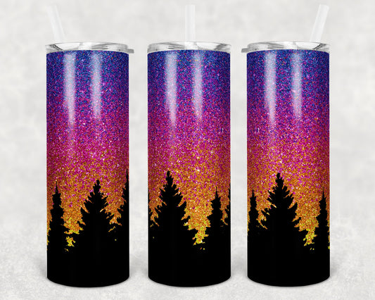 20 oz Skinny Tumbler Sublimation Design Template Glitter Ombre Sunset Forest Straight and Warped